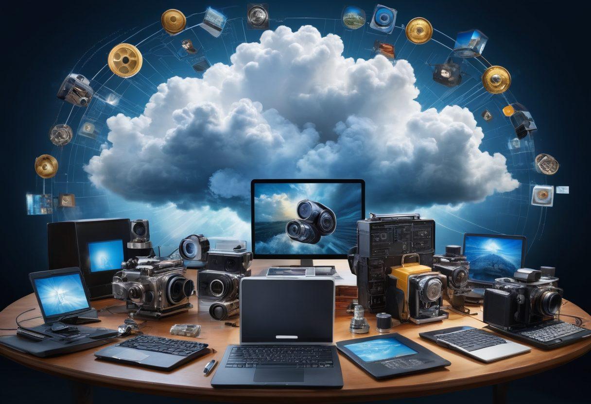 A captivating collage depicting various elements of film and media insurance, including a film reel, a production crew, and digital devices like cameras and laptops, all shielded by a transparent shield symbolizing protection. In the background, soft clouds with dream-like visuals representing creativity and ambition float. The color palette should include deep blues and golds, invoking a sense of security and professionalism. super-realistic. vibrant colors.