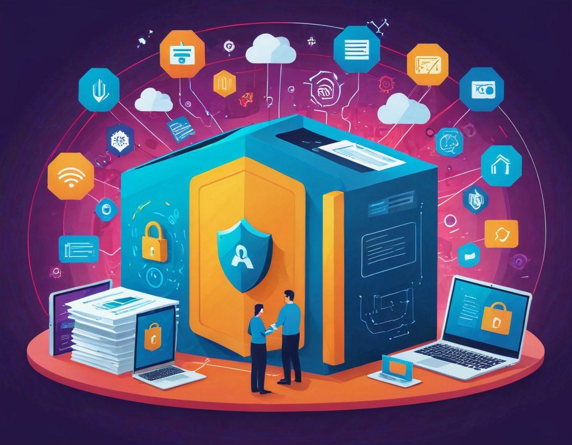 An illustrated digital landscape representing a secure vault filled with various types of digital content like videos, music files, and documents, surrounded by protective shields that symbolize digital protection; in the background, an insurance document unfurls, blending technology with safety. vibrant colors. modern flat design.